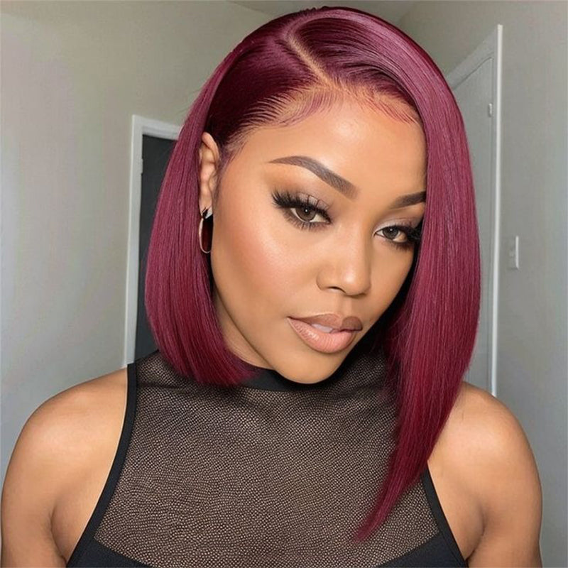 Encharm 13X4 Transparent Lace Burgundy 99J Color Straight Bob Wig 180% Density 100% Human Hair