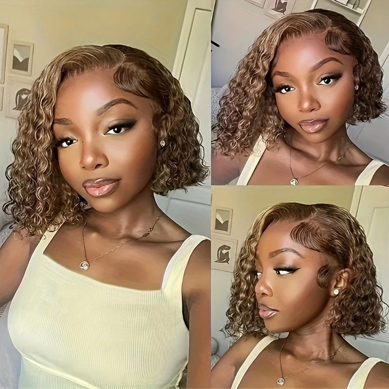 Encharm 13X4 Transparent Lace P4/27# Color Deep Wave Bob Wig 180% Density Human Hair