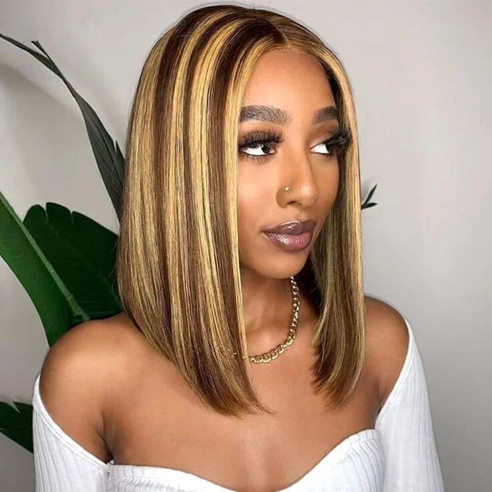 Encharm 13X4 Transparent Lace P4/27# Color Straight Bob Wig 180% Density Human Hair