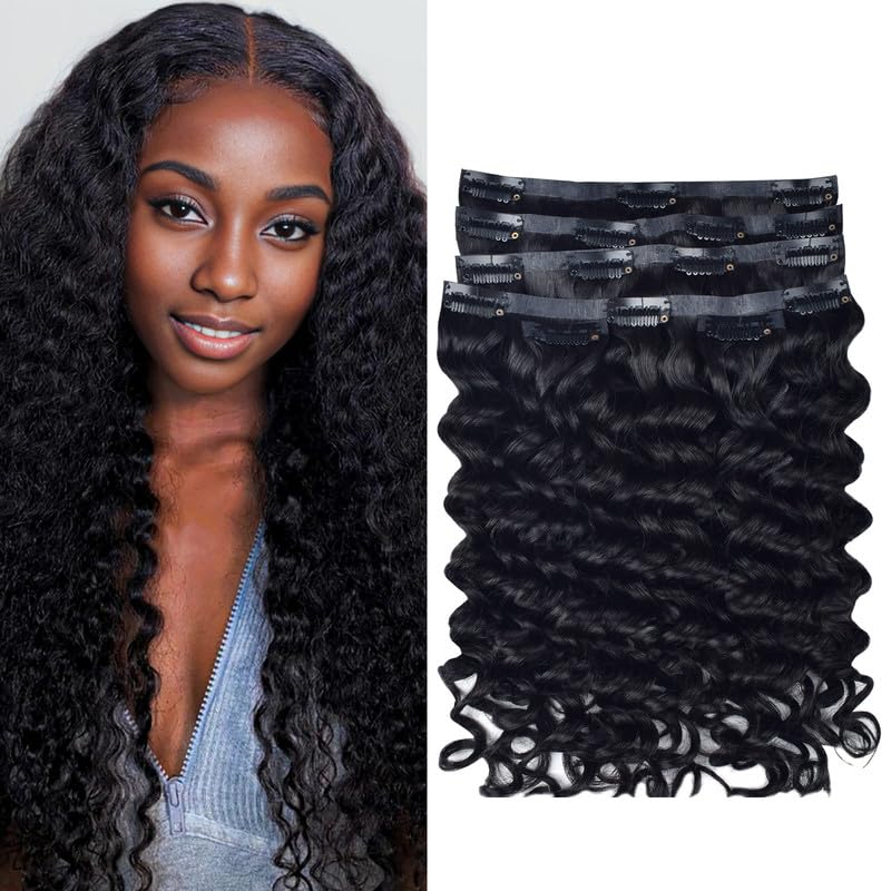 Encharm Clip In Deep Wave Human Hair Extensions 1B# Natural Black Color