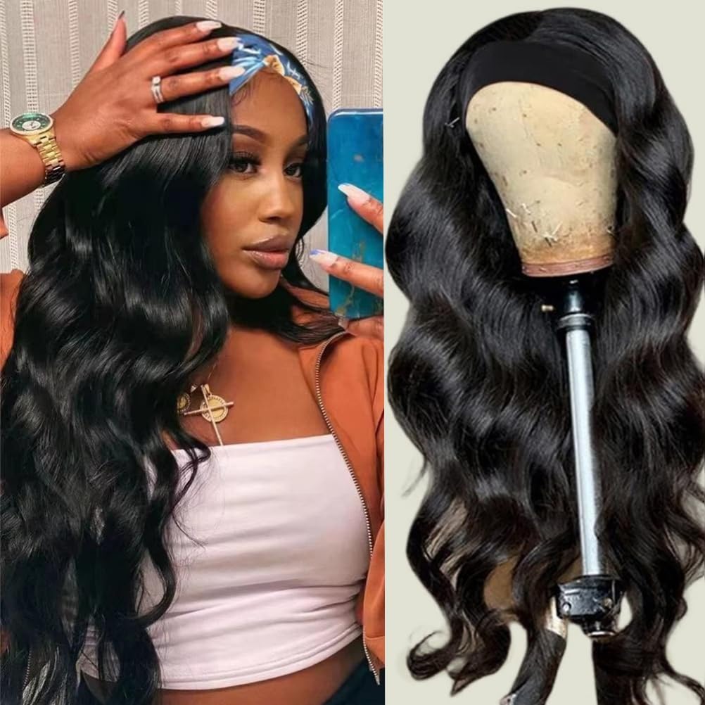 Encharm Headband Wig Body Wave Natural Color Human Hair Glueless None Lace Front Machine Made Wig