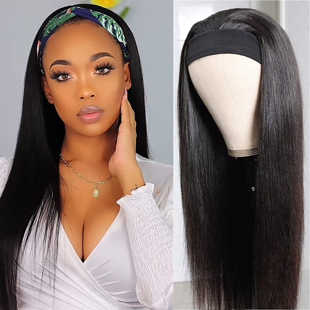 Encharm Headband Wig Straight Natural Color Human Hair Glueless None Lace Front Machine Made Wig