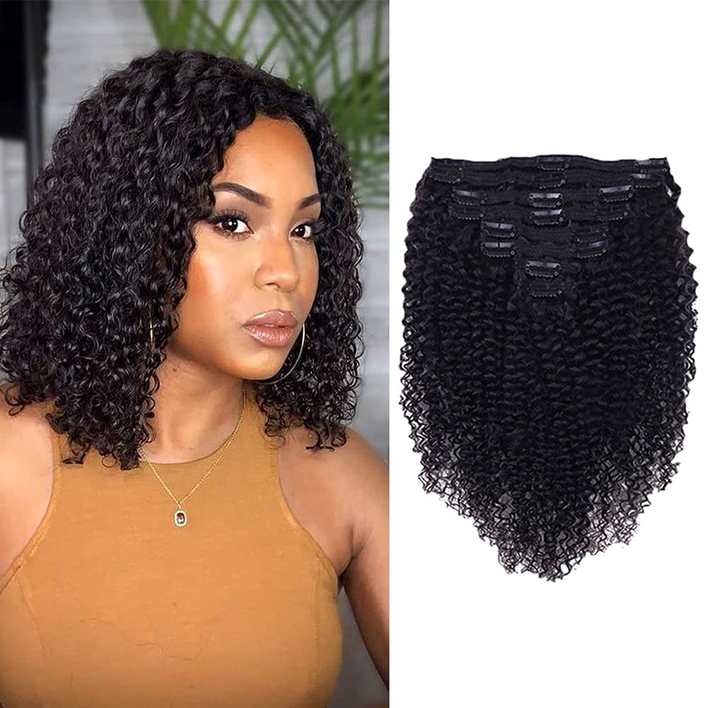 Encharm Clip In Kinky Curly Human Hair Extensions 1B# Natural Black Color