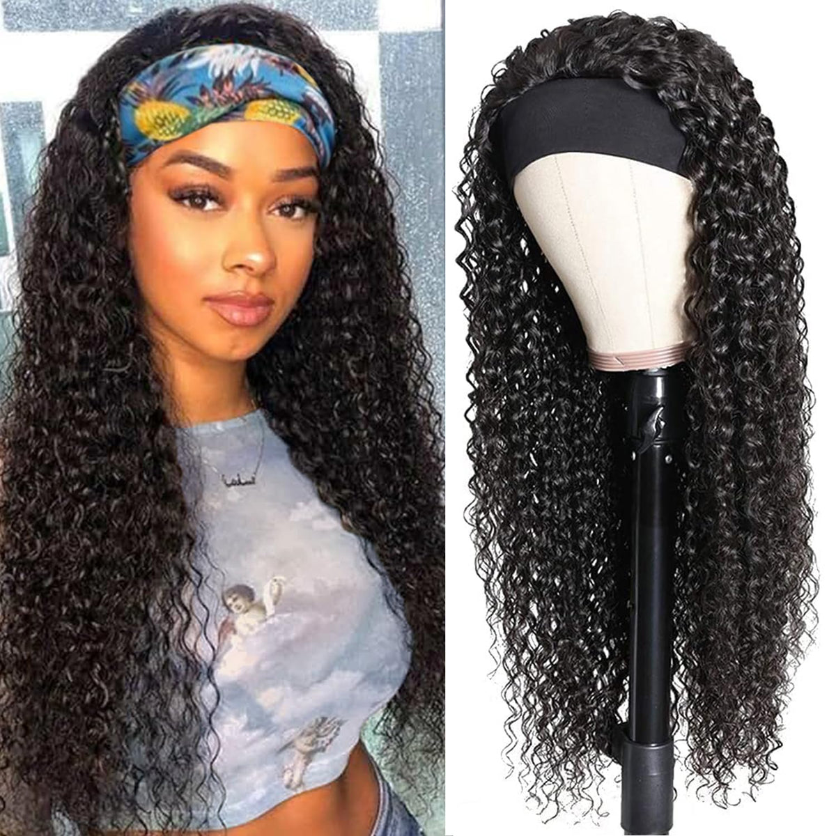 Encharm Headband Wig Deep Wave Natural Color Human Hair Glueless None Lace Front Machine Made Wig