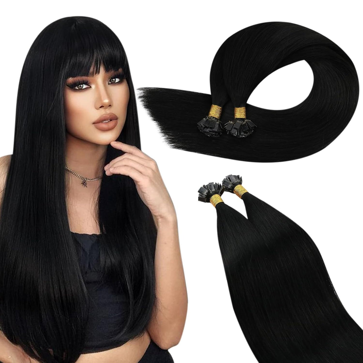 Encharm Flat Tip Human Hair Extensions 1B# Natural Color Straight