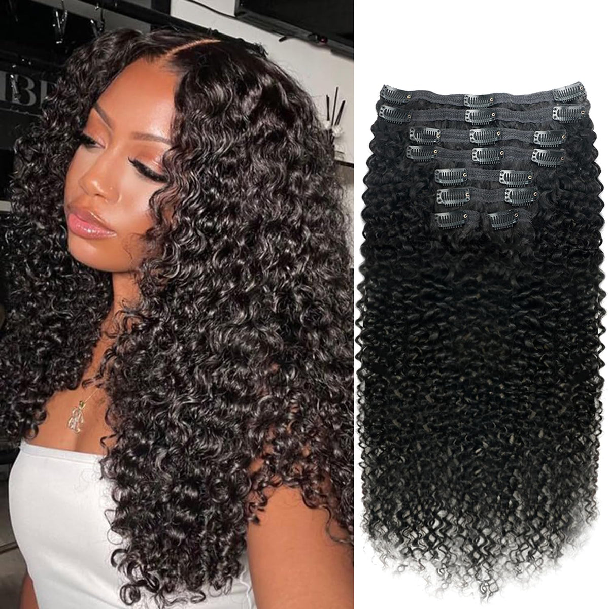 Encharm Seamless Clip In Kinky Curl Human Hair Extensions 1B# Natural Black Color