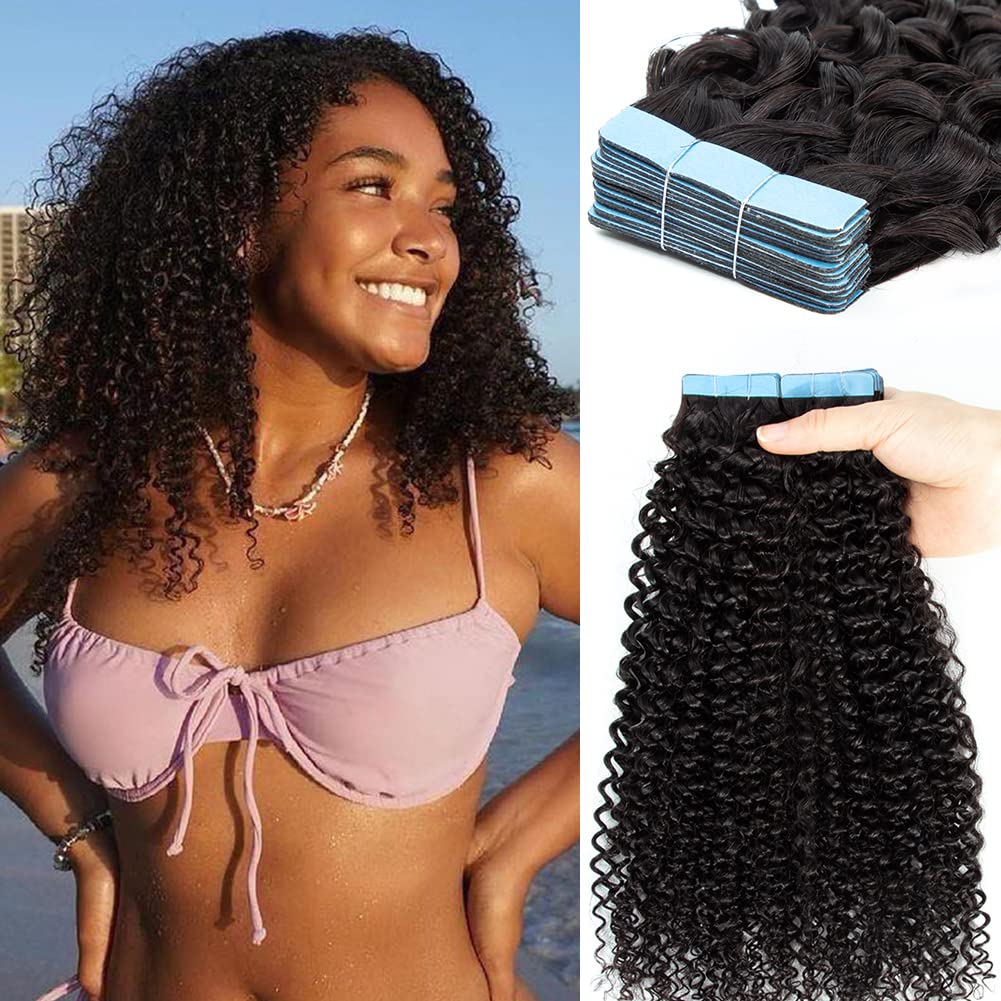 Encharm Tape Ins Kinky Curly Human Hair Extensions 1B# Natural Color