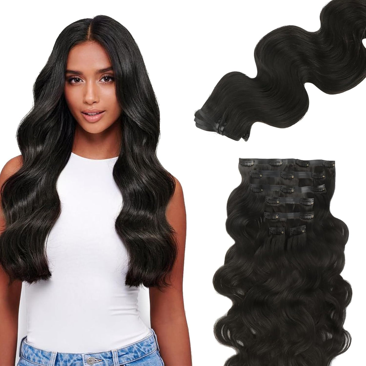 Encharm Seamless Clip In Body Wave Human Hair Extensions 1B# Natural Black Color