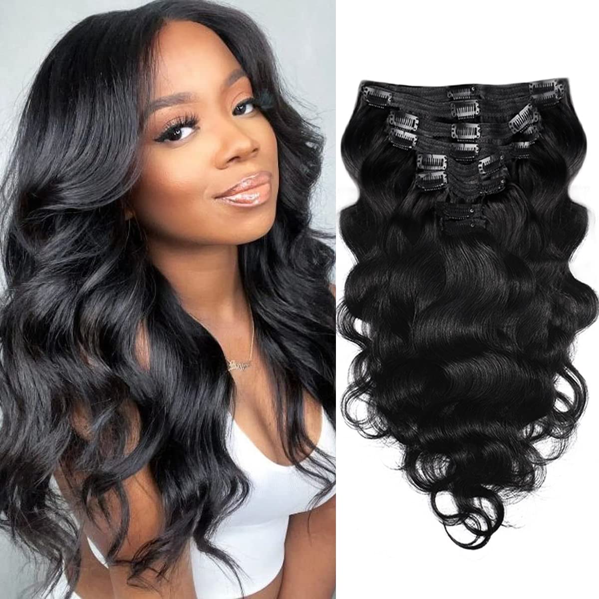 Encharm Clip In Body Wave Human Hair Extensions 1B# Natural Black Color