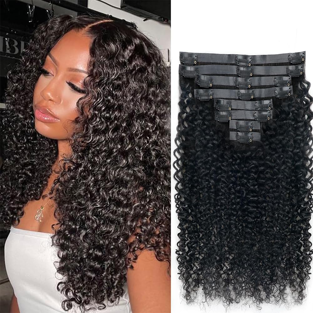 Encharm Seamless Clip In Indian Curly  Human Hair Extensions 1B# Natural Black Color