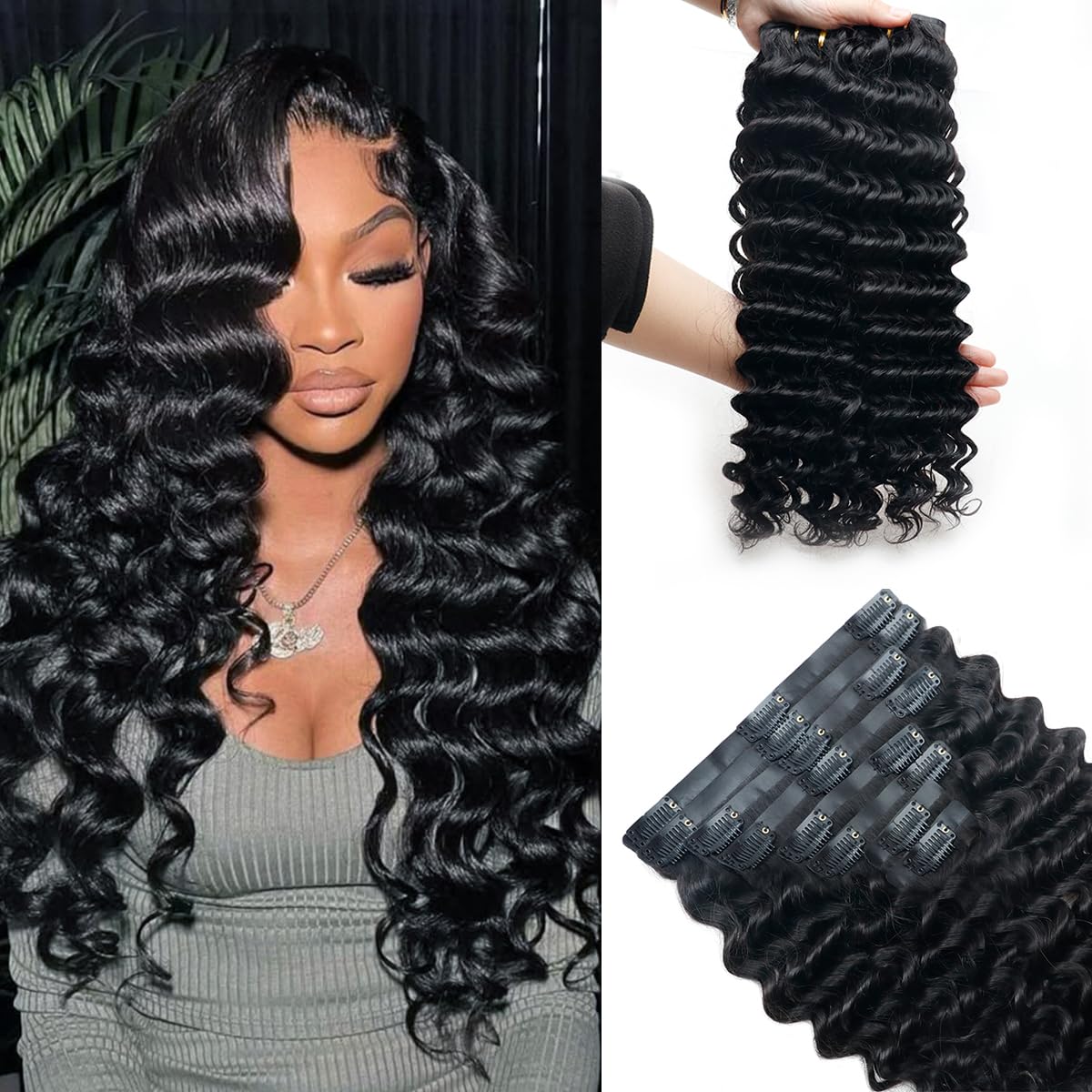 Encharm Seamless Clip In Deep Wave Human Hair Extensions 1B# Natural Black Color