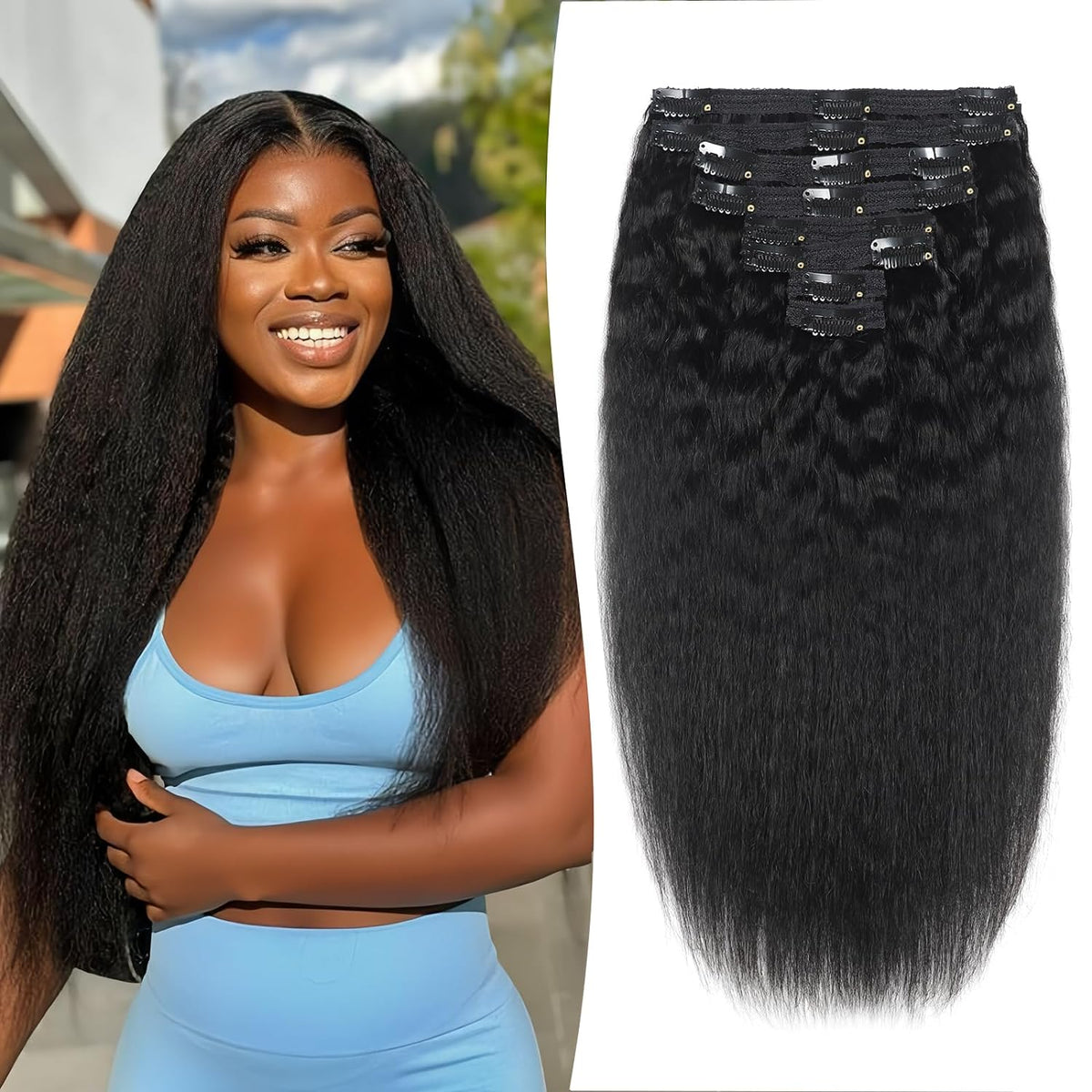 Encharm Clip In Kinky Straight Human Hair Extensions 1B# Natural Black Color