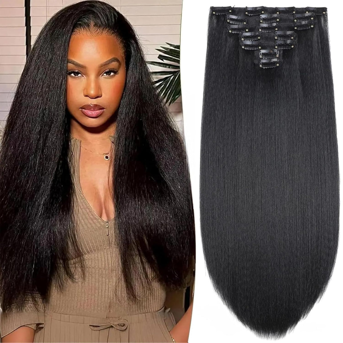 Encharm Seamless Clip In Kinky Straight Human Hair Extensions 1B# Natural Black Color