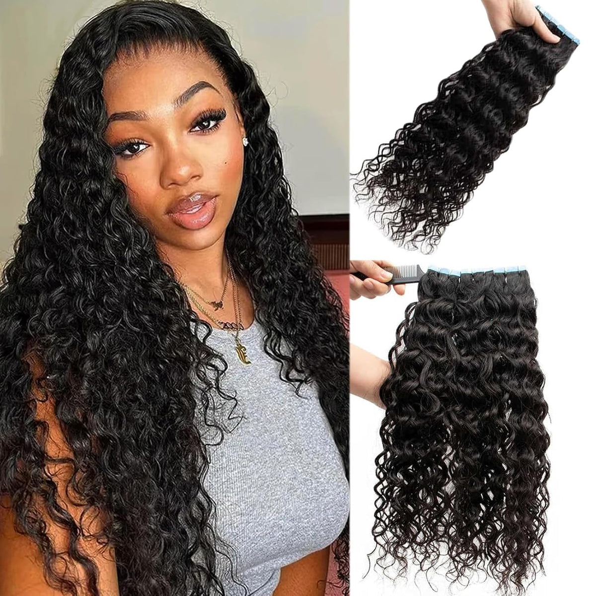 Encharm Tape Ins Indian Curl Human Hair Extensions 1B# Natural Color