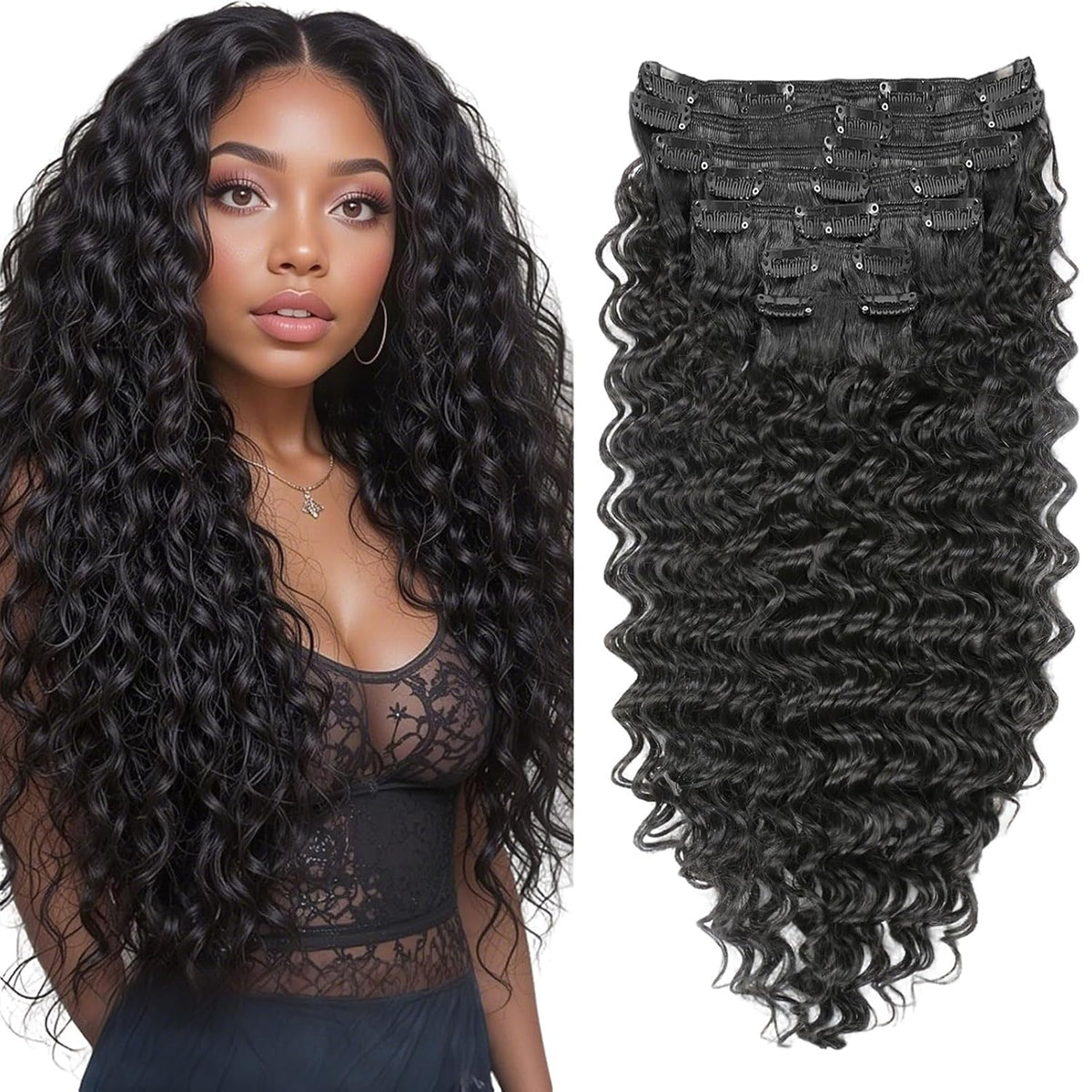 Encharm Clip In Indian Curly Human Hair Extensions 1B# Natural Black Color