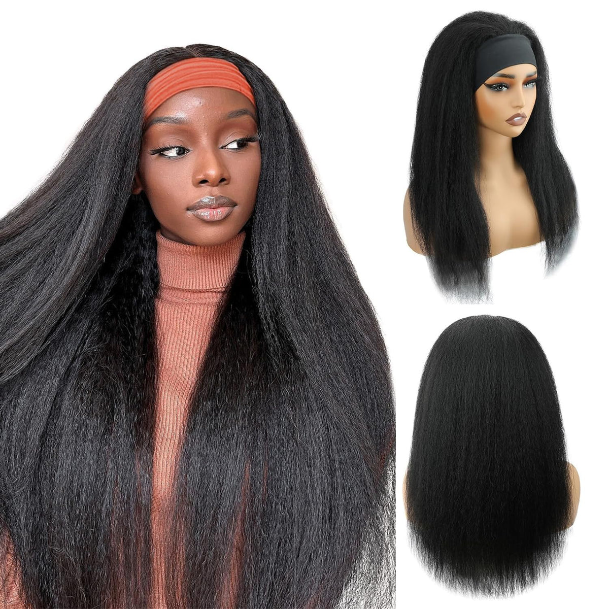Encharm Headband Wig Kinky Straight Natural Color Human Hair Glueless None Lace Front Machine Made Wig