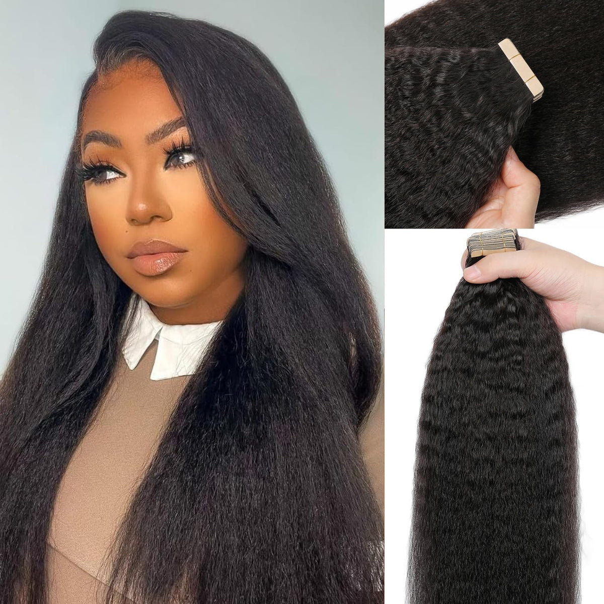 Encharm Tape Ins Kinky Straight Human Hair Extensions 1B# Natural Color
