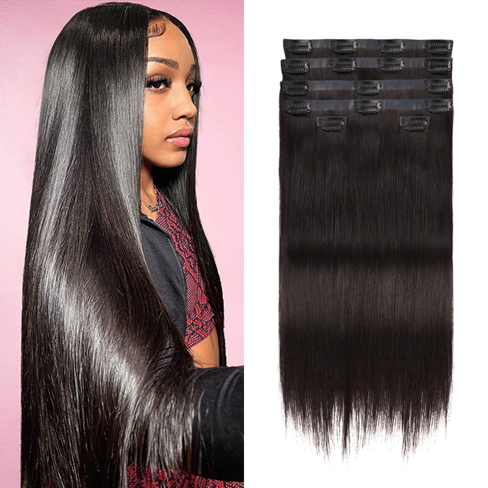 Encharm Seamless Clip In Straight Human Hair Extensions 1B# Natural Black Color