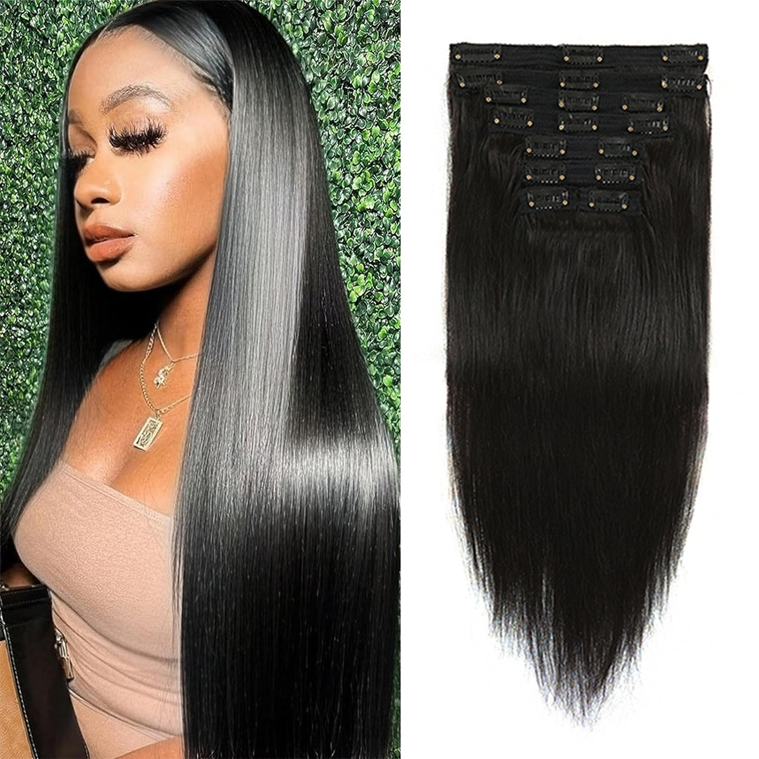 Encharm Clip In Straight Human Hair Extensions 1B# Natural Black Color
