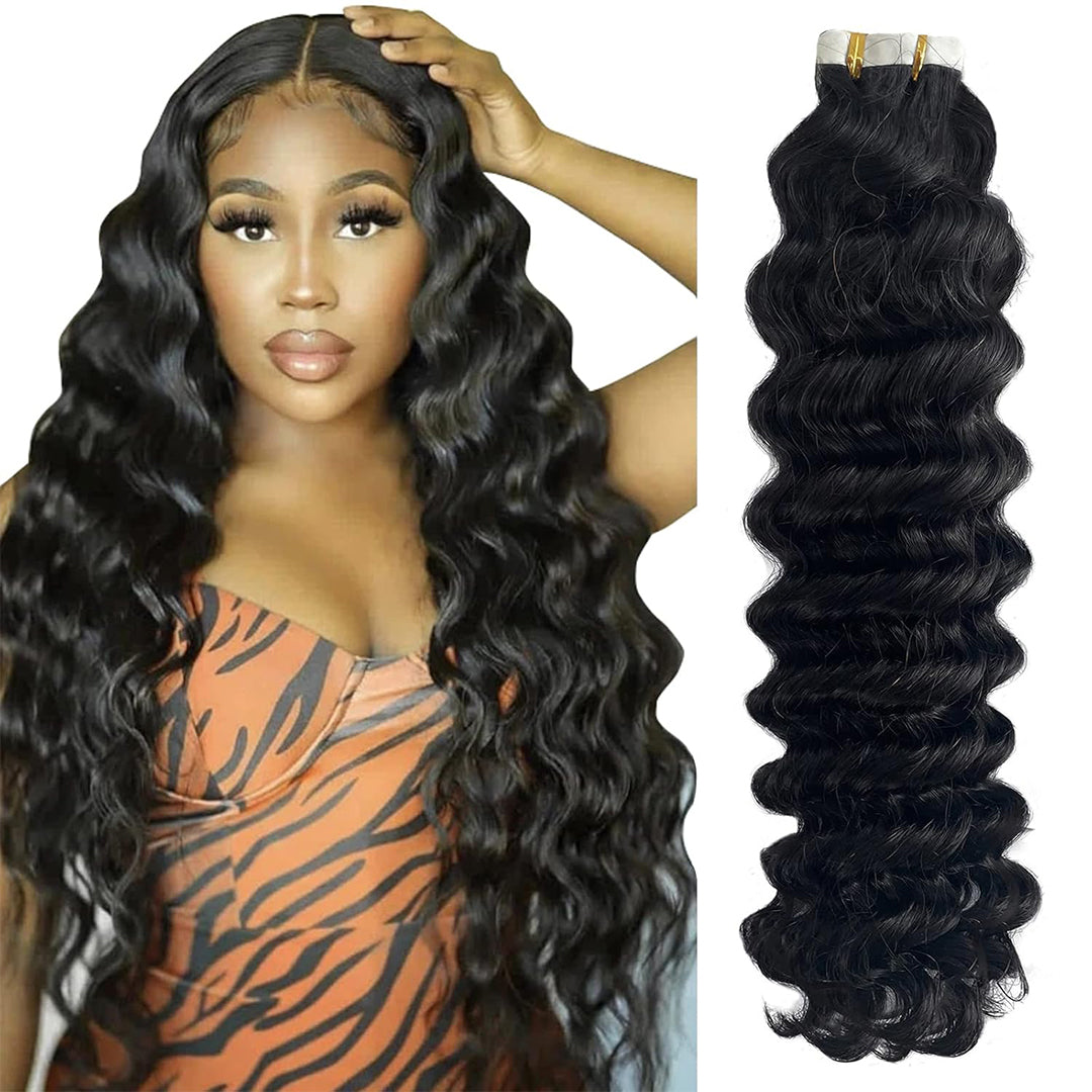 Encharm Tape Ins Human Hair Extensions 1B# Natural Color Deep Wave
