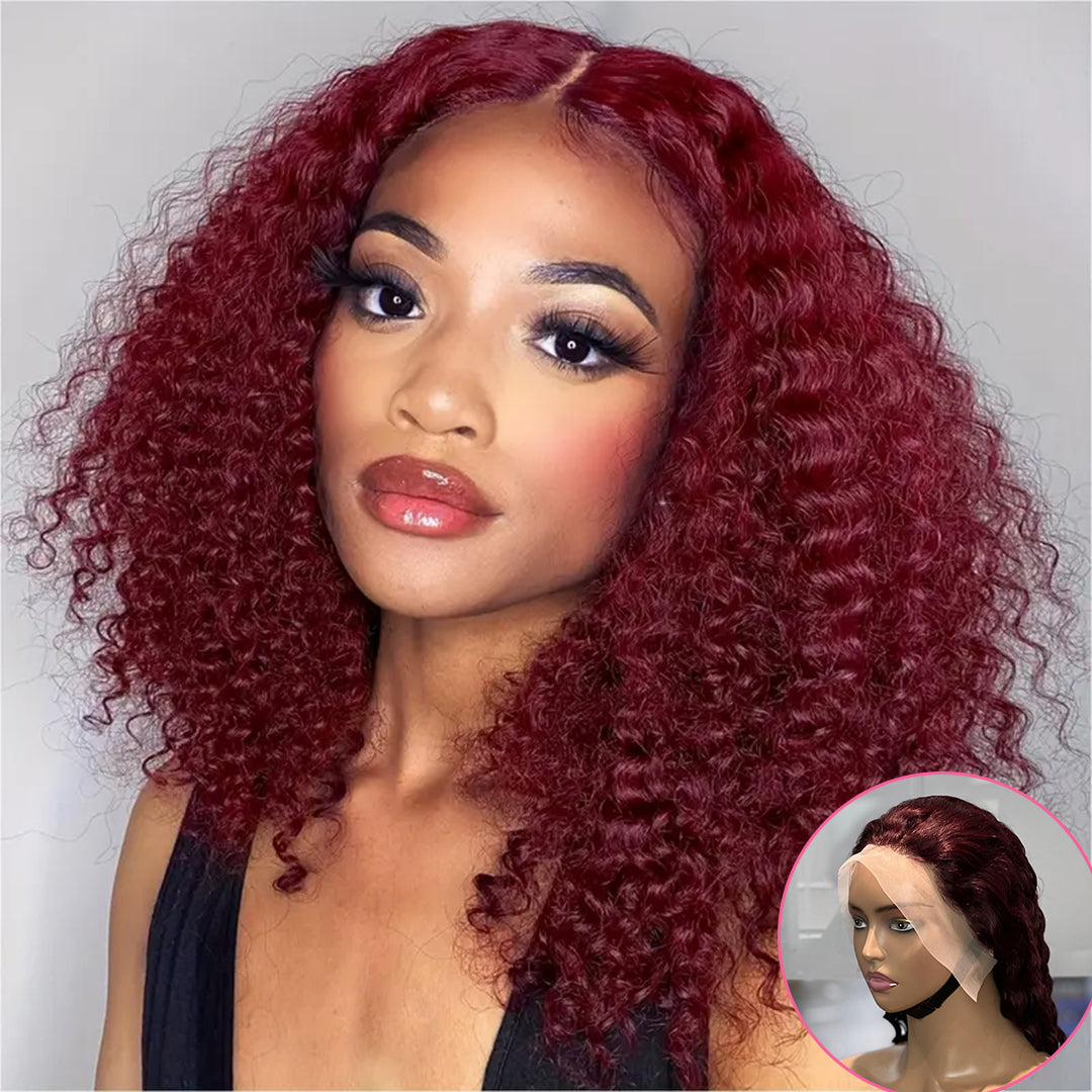 Encharm 13X4 Transparent Lace 99J Burgundy Color Deep Wave Bob Wig 180% Density Human Hair