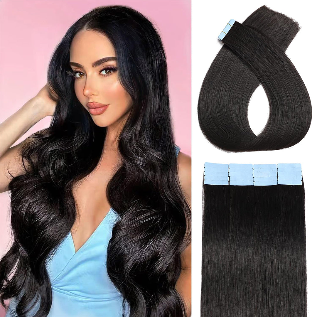 Encharm Tape Ins Human Hair Extensions 1B# Natural Color Straight