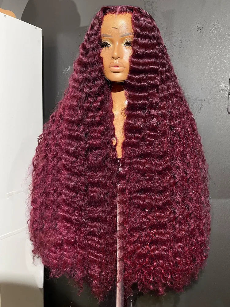 Encharm 13X4 Transparent Lace 99J Burgundy Color Pineapple Wave Wig 180% Density Human Hair