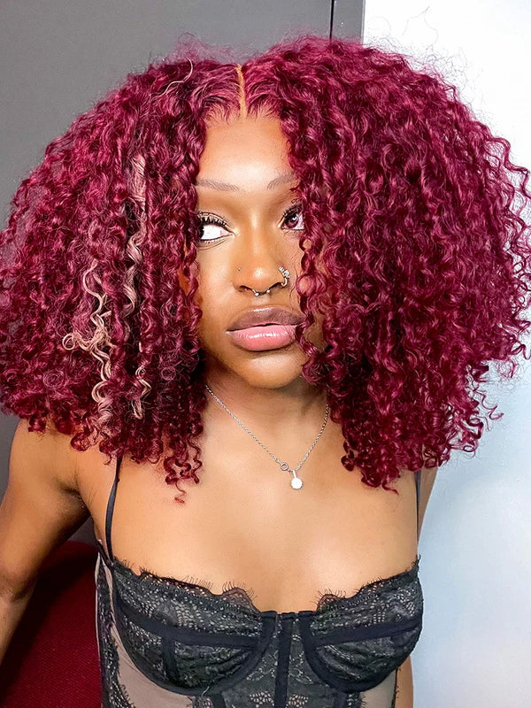 Encharm 13X4 Transparent Lace 99J Burgundy Color Burmese Curl Wig 180% Density Human Hair
