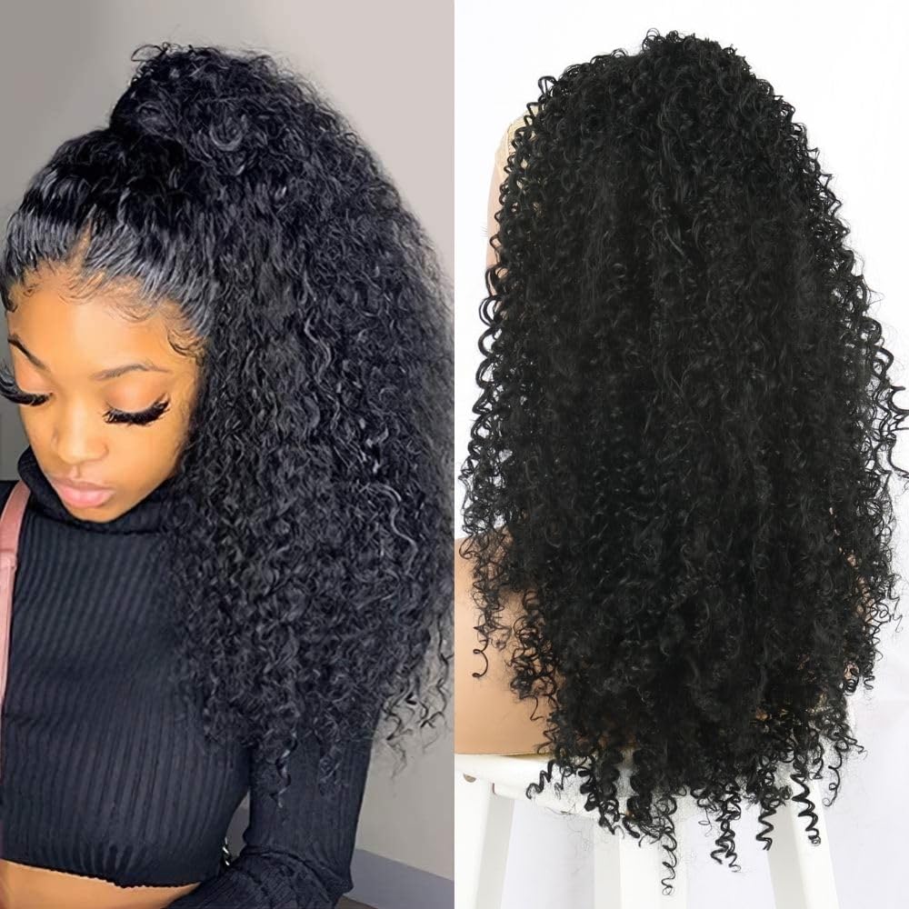 Encharm Ponytail Kinky Curly Human Hair Extension 1B# Natural Black Color