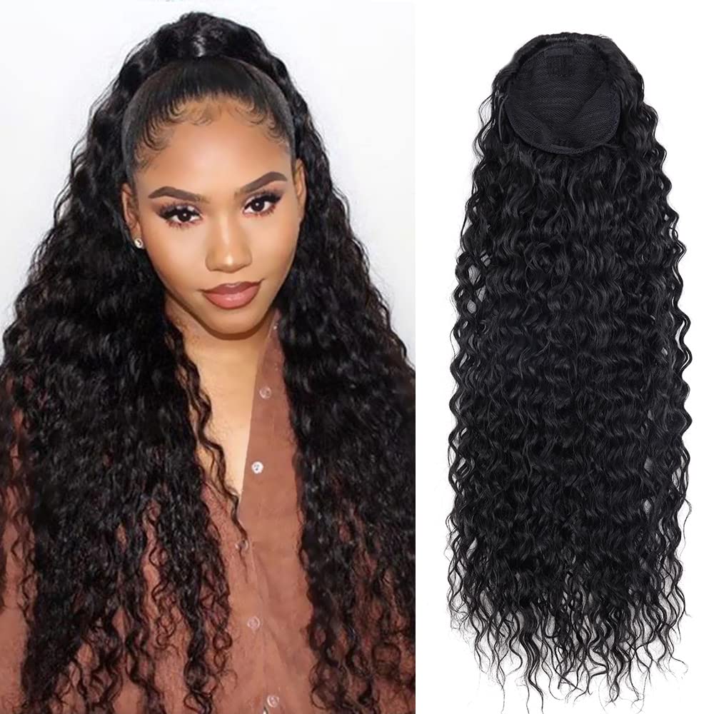 Encharm Ponytail Deep Wave Human Hair Extension 1B# Natural Black Color