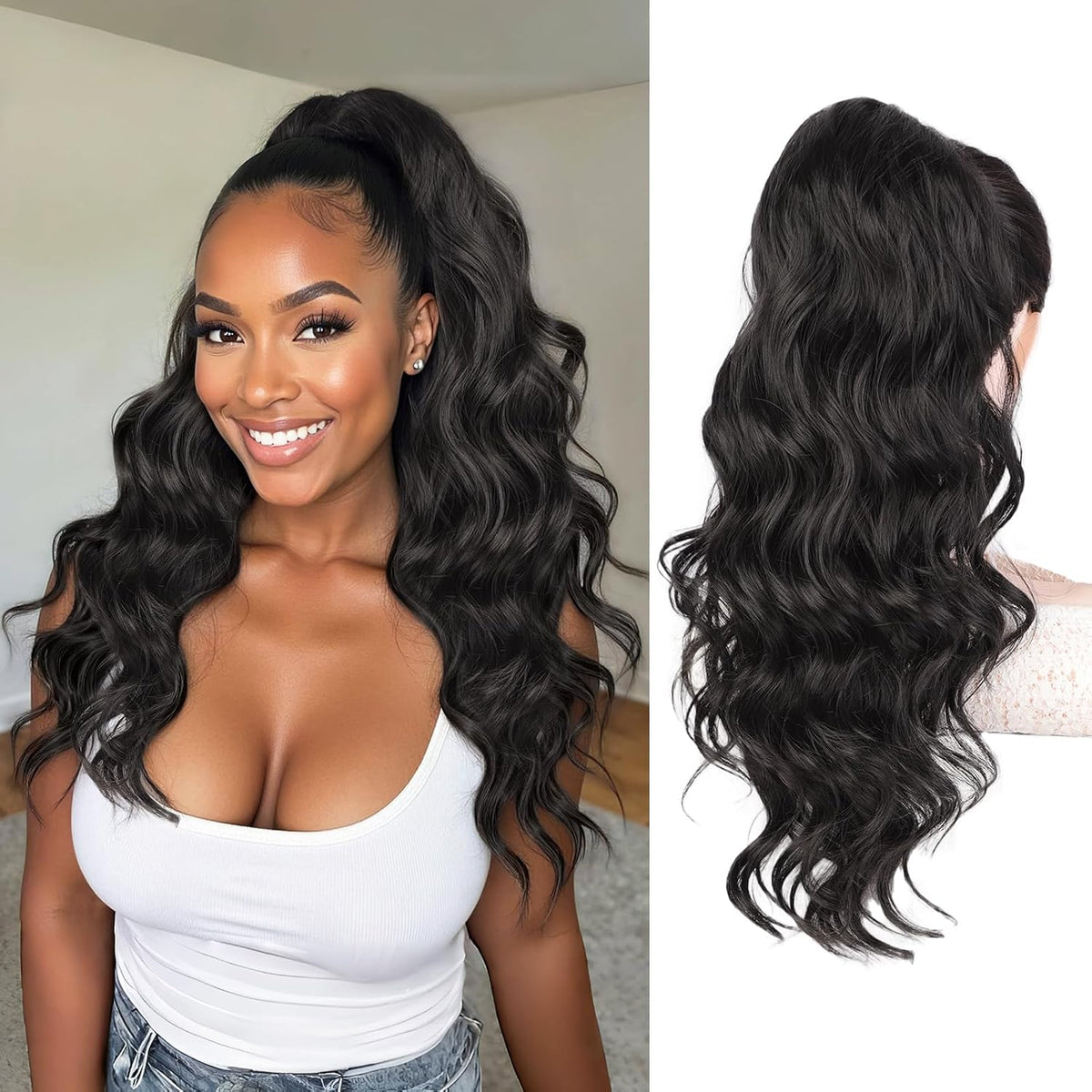 Encharm Ponytail Body Wave Human Hair Extension 1B# Natural Black Color