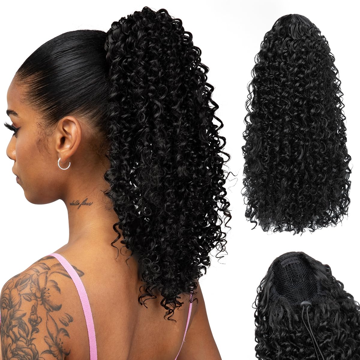 Encharm Ponytail Indian Curl Human Hair Extension 1B# Natural Black Color