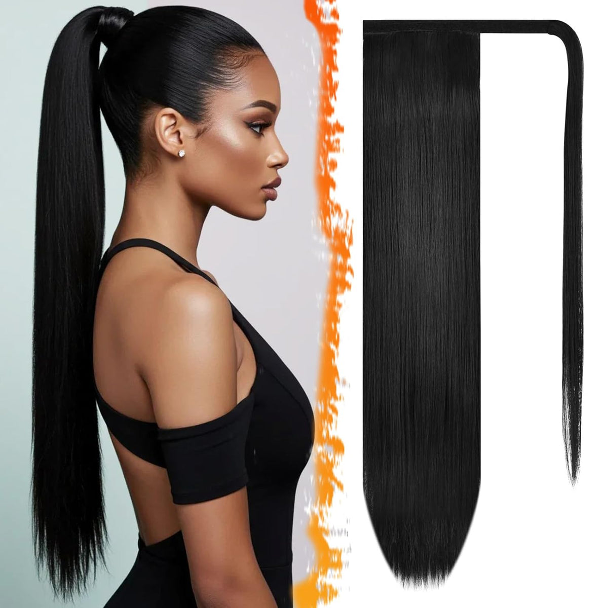 Encharm Ponytail Straight Human Hair Extension 1B# Natural Black Color