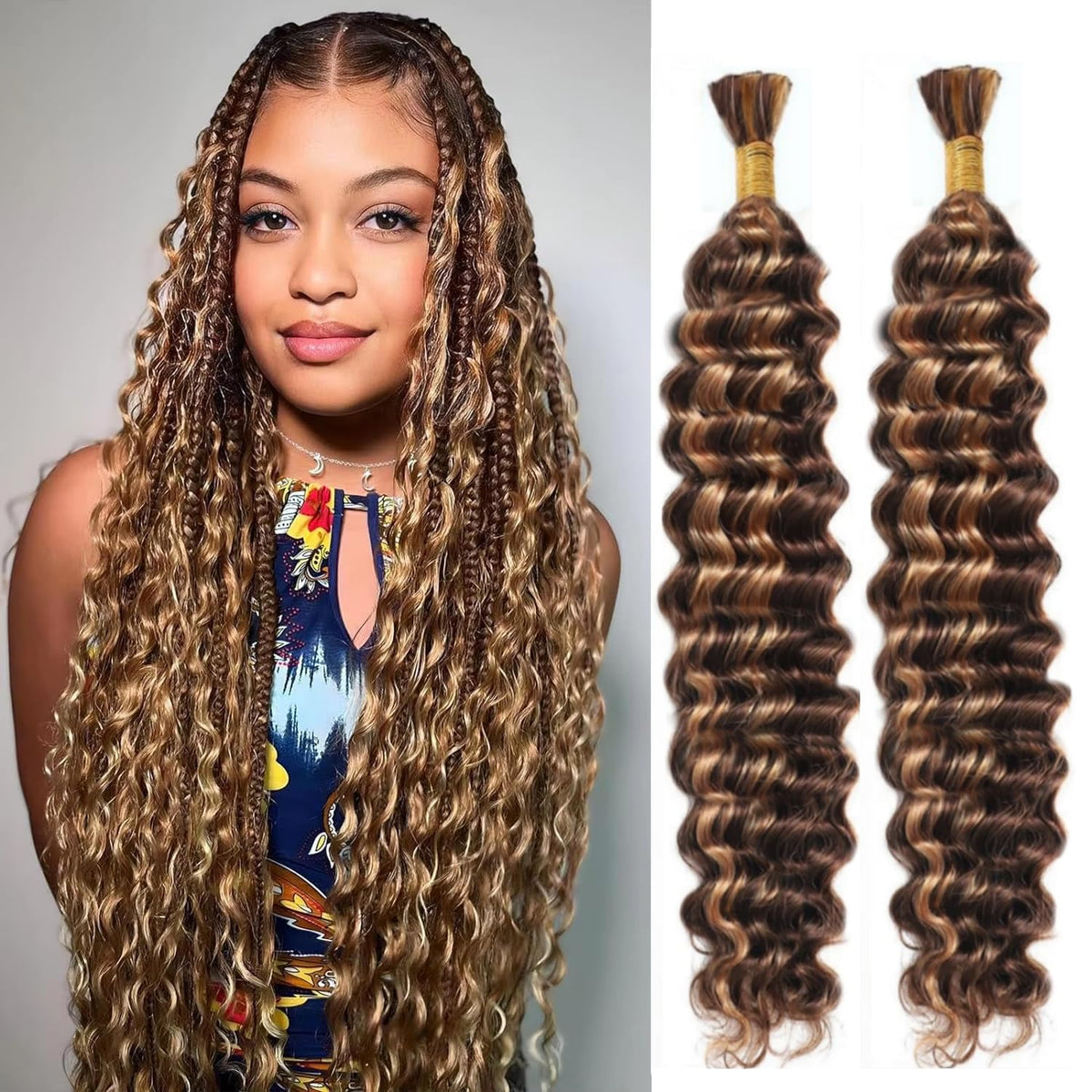 Encharm Deep Wave P4/27# Human Hair Bulk Hair Extension For Boho