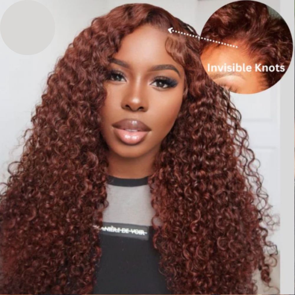 Bye-Bye Knots Wig 7x5 Glueless Lace Reddish Brown Curly Wig With Bleached Knots 180% Density