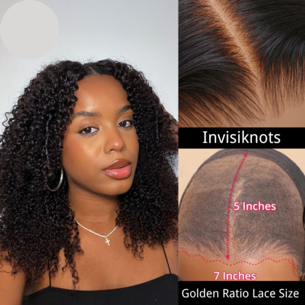 Bye Bye Knots Wig 7x5 Glueless Lace Black Kinky Curly Wig With Bleached Knots 180% Density