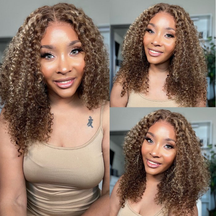 Bye Bye Knots Wig 7x5 Glueless Lace Honey Blonde Jerry Curly Bleached Knots Wig 180% Density