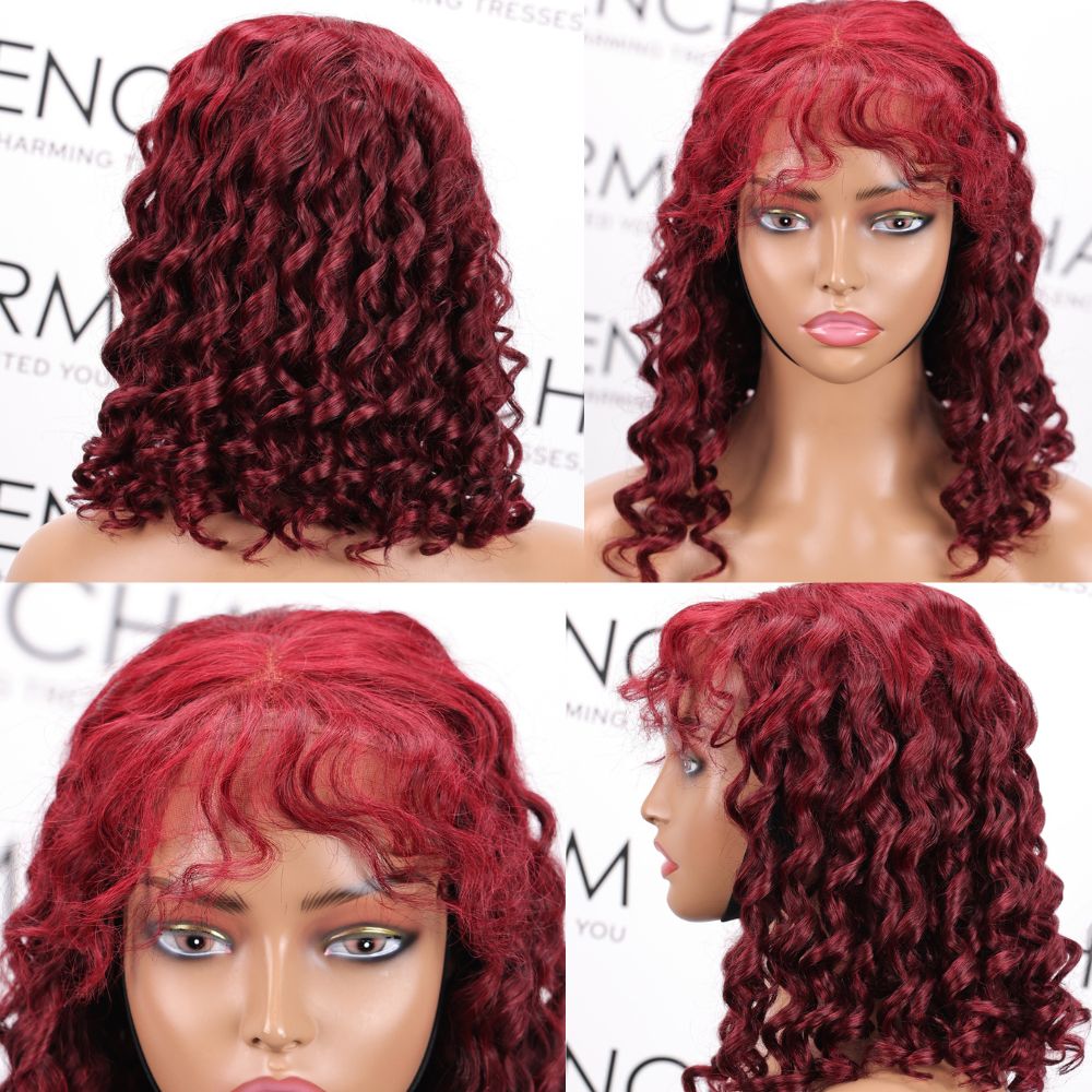 99 J 4X4 HD Water Wave Short Cut Lace Wig with Curly Bangs