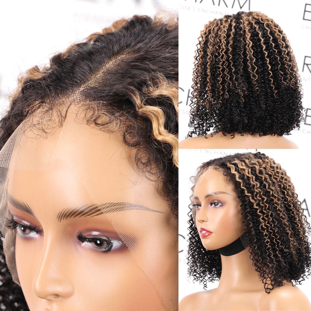 Piano Color 4C Edges Kinky Curly Highlight Afro Curls with Undetectable HD Lace Closure Wig