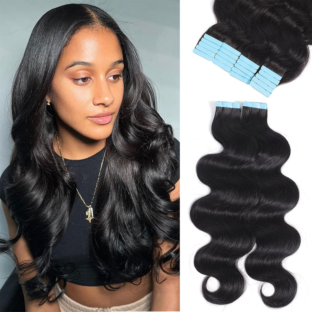Encharm Tape Ins Human Hair Extensions 1B# Natural Color Body Wave